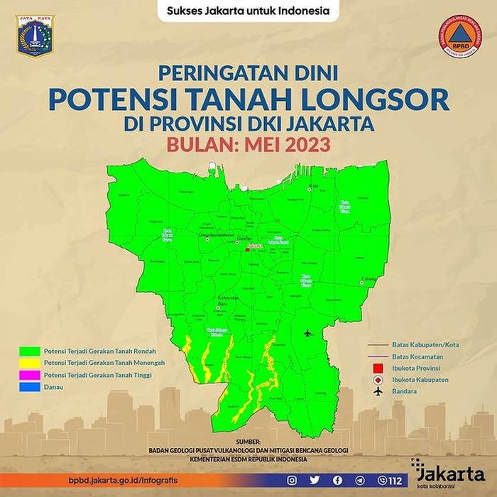 BPBD DKI Jakarta mengeluarkan info prakiraan wilayan potensi longsor. BPBD DKI mencatat ada 10 wilayah yang mempunyai potensi longsor pada Mei 2023. (IG @bpbddkijakarta)