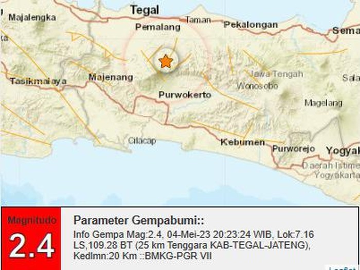 Gempa M 2,4 di Tegal, Jawa Tengah, Kamis (4/5/2023) malam.