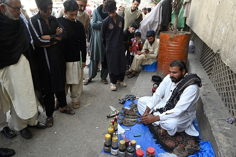 Nadir, a vendor selling spiny tailed lizards known as dhab, poses his reptiles at a market in Rawalpindi on October 22, 2013. Oils extracted from these lizards are believed to cure various ailments including muscular and joint pain, and is also believed to be an aphrodisiac.  AFP PHOTO/Farooq NAEEM        (Photo credit should read FAROOQ NAEEM/AFP via Getty Images)