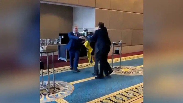 A Ukrainian delegate punched a Russian delegate in the face. (Screengrab)