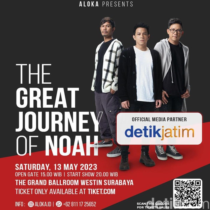 Rek ayo Rek! Noah akan konser tunggal di Surabaya. Konser bertajuk The Great Journey of Noah itu akan digelar di di The Westin Hotel Surabaya, 13 Mei 2023.