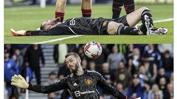 David de Gea mengamankan gawang dengan mukanya, tetapi pengorbanan itu tampak sia-sia. Foto: Twitter