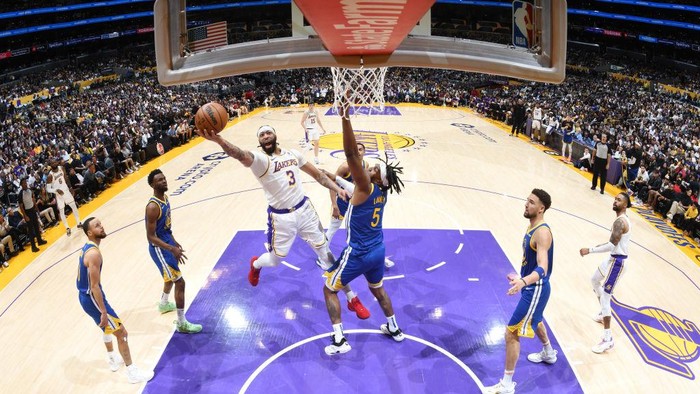 LOS ANGELES, CA - MAY 6: (EDITORS NOTE: Image was taken with a circular fisheye lens.) Anthony Davis #3 of the Los Angeles Lakers drives to the basket during Round 2 Game 3 of the Western Conference Semi-Finals 2023 NBA Playoffs against the Golden State Warriors on May 6, 2023 at Crypto.Com Arena in Los Angeles, California. NOTE TO USER: User expressly acknowledges and agrees that, by downloading and/or using this Photograph, user is consenting to the terms and conditions of the Getty Images License Agreement. Mandatory Copyright Notice: Copyright 2023 NBAE (Photo by Andrew D. Bernstein/NBAE via Getty Images)