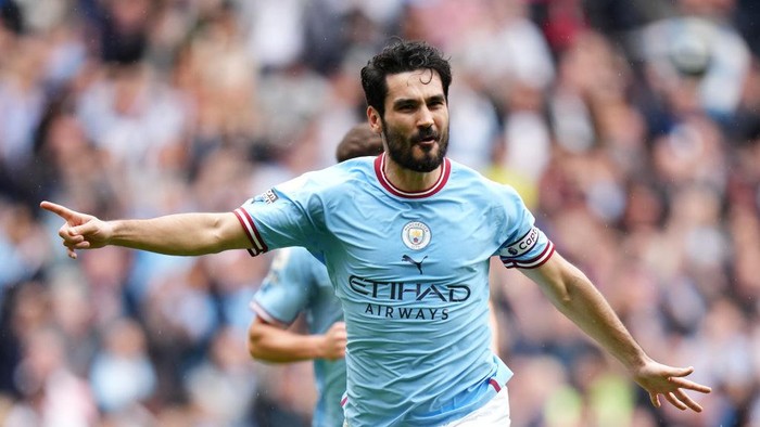 MANCHESTER, ENGLAND - MAY 06: Ilkay Guendogan of Manchester City celebrates after scoring their sides first goal during the Premier League match between Manchester City and Leeds United at Etihad Stadium on May 06, 2023 in Manchester, England. (Photo by Tom Flathers/Manchester City FC via Getty Images)