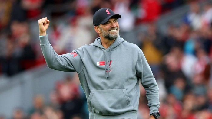 LIVERPOOL, ENGLAND - MAY 06: Juergen Klopp, Manager of Liverpool, celebrates following their sides victory after the Premier League match between Liverpool FC and Brentford FC at Anfield on May 06, 2023 in Liverpool, England. (Photo by Alex Livesey/Getty Images)