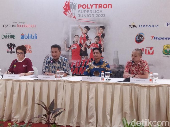 jumpa pers kejuaraan bulutangkis Polytron Superliga Junior 2023 di Grand Artos Hotel Magelang, Minggu (7/5/2023).