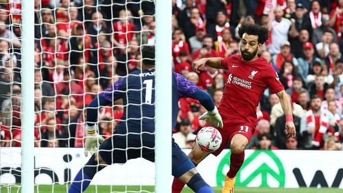LIVERPOOL, ENGLAND - MAY 6:  Mohamed Salah of Liverpool scores a goal to make the score 1-0 during the Premier League match between Liverpool FC and Brentford FC at Anfield on May 6, 2023 in Liverpool, United Kingdom. (Photo by Chris Brunskill/Fantasista/Getty Images)