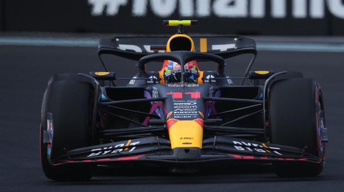 Red Bull driver Sergio Perez of Mexico steers his car during the qualifying session of the Formula One Miami Grand Prix auto race, at Miami International Autodrome in Miami Gardens, Fla., Saturday, May 6, 2023. (AP Photo/Rebecca Blackwell)