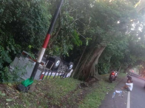 Truk disel dengan nopol DK 8963 GT yang terperosok dan terbalik ke parit usai terlibat kecelakaan lalulintas di Jalan Raya Jurusan Denpasar-Gilimanuk, Banjar Sumber Sari, Desa Sumber Sari, Kecamatan Melaya, Jembrana, Bali, Minggu (7/5/2023).