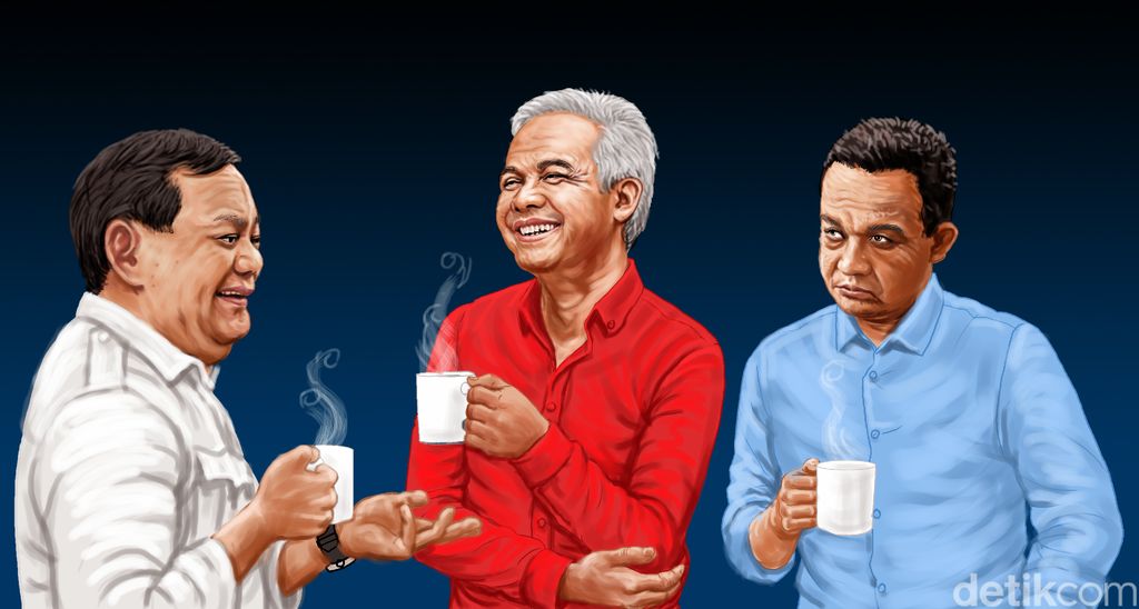 Ilustrasi tiga bakal calon presiden yaitu Prabowo Subianto, Ganjar Pranowo, dan Anies Baswedan.