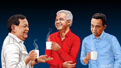Ilustrasi tiga bakal calon presiden yaitu Prabowo Subianto, Ganjar Pranowo, dan Anies Baswedan.