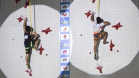 Atlet panjat tebing Indonesia Raharjati Nursamsa (kanan) beradu cepat dengan atlet panjat tebing China Wang Xinshang (kiri) saat pertandingan final nomor speed putra Piala Dunia Panjat Tebing 2023 IFSC Seri Jakarta di kawasan Gelora Bung Karno, Jakarta, Minggu (7/5/2023). ANTARA FOTO/Galih Pradipta  