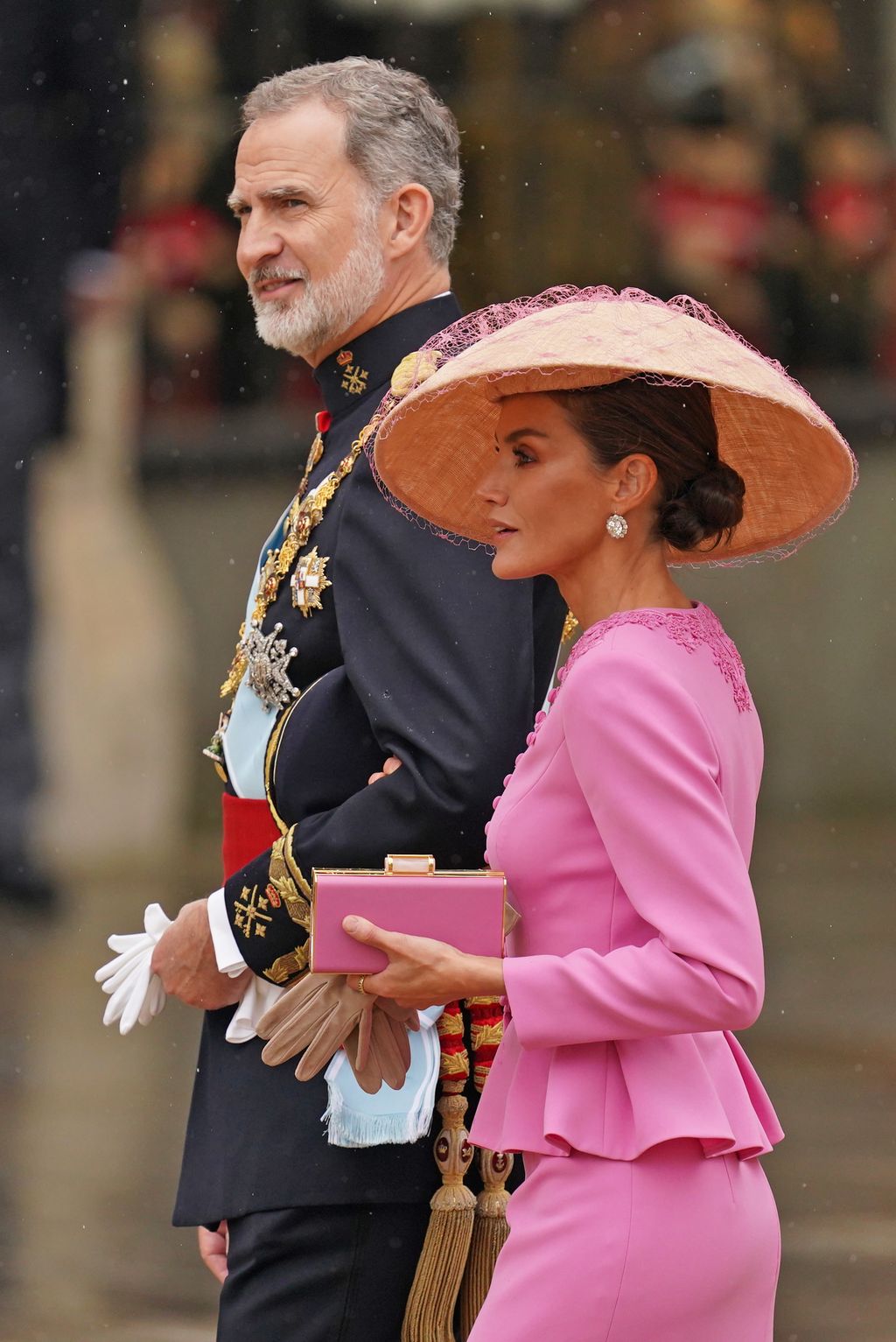 King Felipe VI and Queen Letizia of Spain arriving ahead of the coronation ceremony of King Charles III and Queen Camilla at Westminster Abbey, central London. Picture date: Saturday May 6, 2023. (Photo by Jacob King/PA Images via Getty Images)