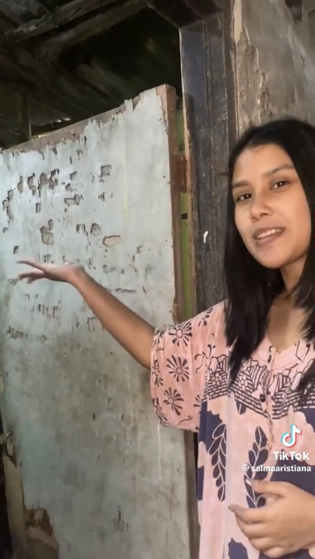 Pintu kamar mandi kedua di rumahnya terlihat sudah rusak dan tak lagi mulus. Namun lagi-lagi dengan cara kocaknya Salma menyebut jika pintu tersebut memiliki aksara prasejarah. Foto: TikTok/@salmaaristiana