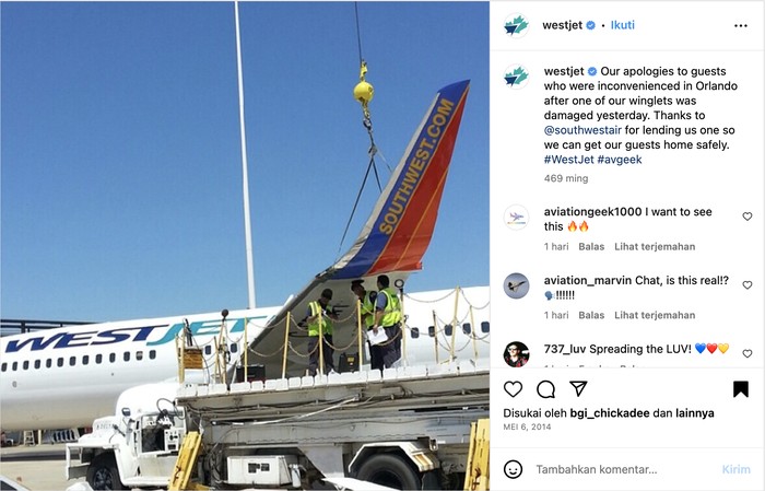 Sayap pesawat WestJet rusak