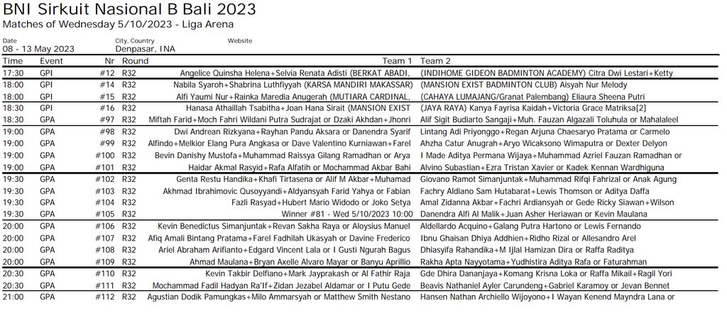 Jadwal BNI Sirnas B Bali Hari 3