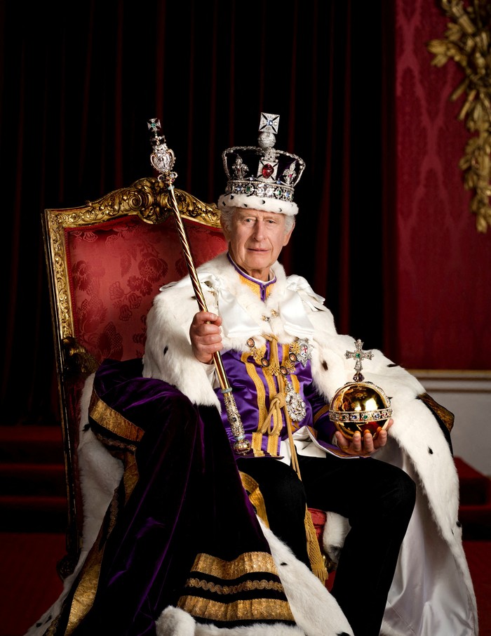 Britains King Charles is pictured in full regalia in the Throne Room at Buckingham Palace, London. The King is wearing the Robe of Estate, the Imperial State Crown and is holding the Sovereigns Orb and Sovereigns Sceptre with Cross. He is seated on one of a pair of 1902 throne chairs that were made for the future King George V and Queen Mary for use at the Coronation of King Edward VII. These throne chairs were also used in the background of the 1937 Coronation of King George VI and Queen Elizabeth, and by King Charles III and Queen Camilla at Westminster Hall to receive addresses from the Speakers of both Houses of Parliament last year. Picture made available: May 8, 2023. Hugo Burnand/Royal Household 2023/Handout via REUTERS    THIS IMAGE HAS BEEN SUPPLIED BY A THIRD PARTY. MANDATORY CREDIT. EDITORIAL USE ONLY. NO RESALES. NO ARCHIVES. NO NEW USE AFTER 0001HRS JANUARY 1, 2024, WITHOUT PRIOR, WRITTEN PERMISSION FROM ROYAL COMMUNICATIONS. NO COMMERCIAL OR BOOK SALES. THE PHOTOGRAPH MUST NOT BE DIGITALLY ENHANCED, MANIPULATED OR MODIFIED IN ANY MANNER OR FORM.   REFILE - CORRECTING DATE INFORMATION AND SUPPLYING ADDITIONAL RESTRICTIONS       TPX IMAGES OF THE DAY