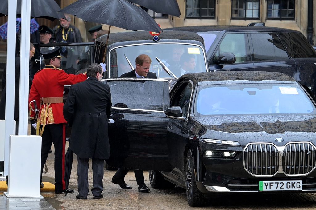 06 May 2023, Great Britain, London: Prince Harry, Duke of Sussex, gets into a car after the coronation at Westminster Abbey. Photo: Sina Schuldt/dpa (Photo by Sina Schuldt/picture alliance via Getty Images)