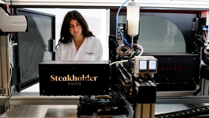 Mencicipi Daging Ikan Kerapu yang Terbuat dari Mesin Printer 3D A chef holds up pieces of 3D-printed cultivated grouper fish before making them into a dish for a tasting at the offices of Steakholder Foods in Rehovot, Israel, April 23, 2023. REUTERS/Amir Cohen