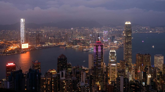 An evening view of the financial Central district and Victoria Harbour in Hong Kong, China, May 9, 2023. REUTERS/Tyrone Siu