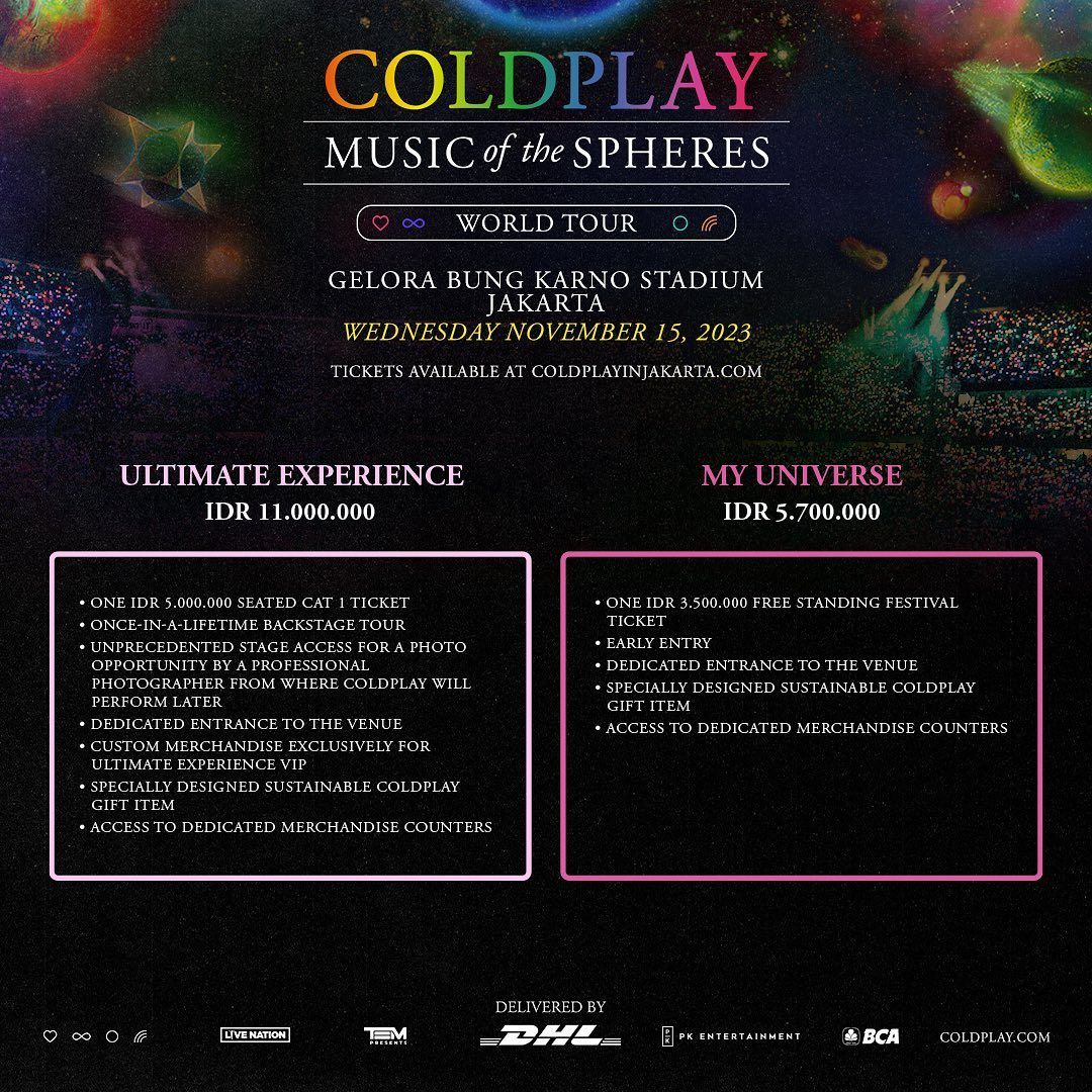 Harga tiket konser Coldplay di Jakarta. (Instagram/PK Entertaiment)