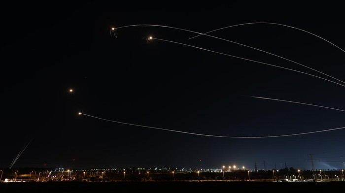 ISRAEL - MAY 10: Israel's air defense system Iron Dome intercepts rockets which are launched from Gaza Strip to Israel, on May 10, 2023. (Photo by Mostafa Alkharouf/Anadolu Agency via Getty Images)
