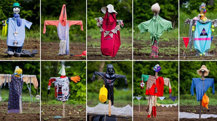 08 May 2023, North Rhine-Westphalia, Cologne: Scarecrows in various costumes guard a fruit and vegetable garden on an Urban Gardening field whose plots are leased by the Pohl Vegetable Farm on the outskirts of the city. Photo: Rolf Vennenbernd/dpa (Photo by Rolf Vennenbernd/picture alliance via Getty Images)