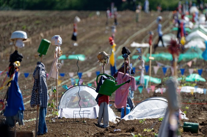 08 May 2023, North Rhine-Westphalia, Cologne: Scarecrows in various costumes guard a fruit and vegetable garden on an Urban Gardening field whose plots are leased by the Pohl Vegetable Farm on the outskirts of the city. Photo: Rolf Vennenbernd/dpa (Photo by Rolf Vennenbernd/picture alliance via Getty Images)