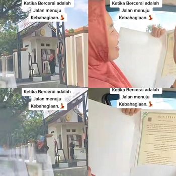 Unggahan wanita yang riang gembira usai menerima akta cerai dari pengadilan. Unggahan wanita yang riang gembira usai menerima akta cerai dari pengadilan.