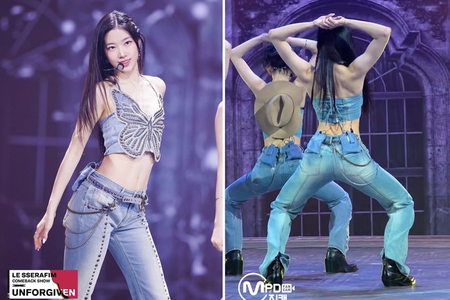 Personel LE SSERAFIM, Kazuha mencuri atensi netizen Korea dengan bentuk tubuhnya. Saat tampil di sebuah acara musik, otot punggungnya terlihat semakin besar sejak comeback dengan lagu ANTIFRAGILE. Foto: dok. Mnet