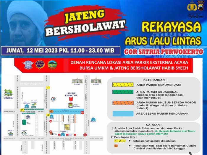 Peta rekayasa lalu lintas di kawasan GOR Satria Purwokerto, Banyumas, sejak pukul 11.00 hingga 23.00 WIB, Jumat (12/5/2023).
