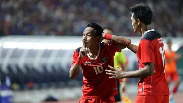 Selebrasi Beckham Putra usai mencetak gol ke gawang Kamboja.