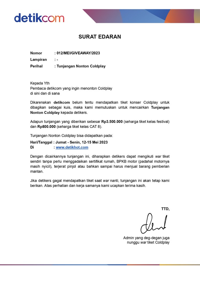 Surat Edaran Tunjangan Nonton Coldplay
