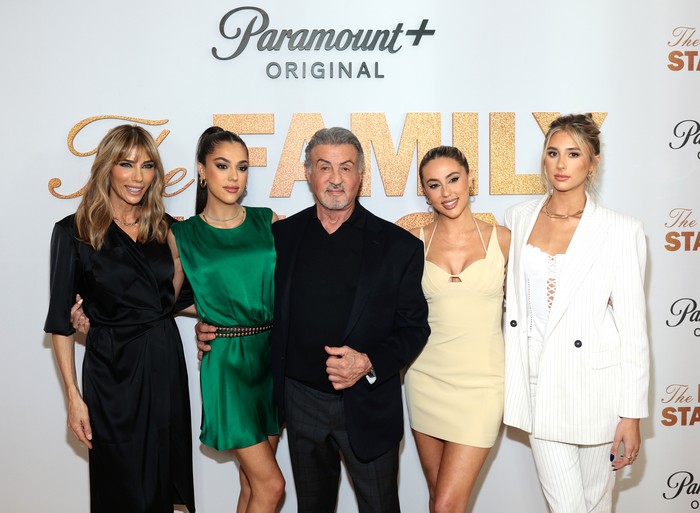 NEW YORK, NEW YORK - MAY 11: (L-R) Jennifer Flavin Stallone,  Sistine Stallone, Sylvester Stallone, Sophia Stallone and Scarlet Stallone attend The Family Stallone Red Carpet & Reception at Torrisi Bar and Restaurant on May 11, 2023 in New York City. (Photo by Dimitrios Kambouris/Getty Images for Paramount+)