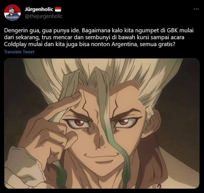 Demi nonton Coldplay segala usaha akan dikerahkan, termasuk ngumpet di GBK. Tapi nggak ngumpet dari sekarang juga kali.. ini sih mending notonnya di rumah  masing-masing aja deh. Foto: Twitter/@thejurgenholic