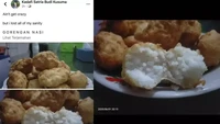 Tak punya bahan makanan lain untuk digoreng, ada netizen yang membagikan kreasi nasi gorengnya. Bukan seperti yang dibayangkan, ia membentuk nasi menjadi bulat-bulat dan menggorengnya dengan lapisan tepung. Foto: Twitter/koppisyusu