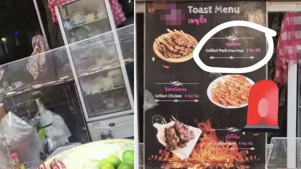 Wanita berhijab jualan babi