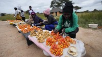 Perempuan menjual jamur liar kepada pengendara di pinggiran Harare. Kaya akan protein, antioksidan, dan serat, jamur liar adalah makanan lezat dan pencari nafkah yang dihormati di Zimbabwe, di mana makanan dan pekerjaan formal langka bagi banyak orang.  