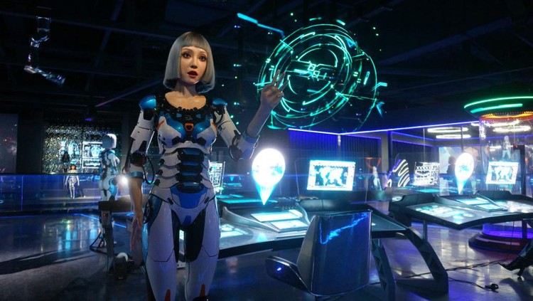 DALIAN, CHINA - MARCH 15: Humanoid robots are seen at EX Future Science and Technology Museum on March 15, 2023 in Dalian, Liaoning Province of China. EX Future Science and Technology Museum in Dalian can create lifelike customizable robots by scanning human bodies. (Photo by VCG/VCG via Getty Images)