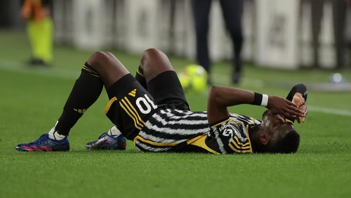 TURIN, ITALY - MAY 14: Paul Pogba of Juventus reacts after pulling up with an injury that would see him leave the field of play and be substituted during the Serie A match between Juventus and US Cremonese at Allianz Stadium on May 14, 2023 in Turin, Italy. (Photo by Jonathan Moscrop/Getty Images)