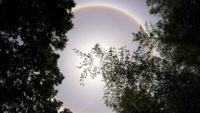 Penampakan Fenomena Halo Matahari di Langit China Fenomena matahari yang tampak seperti dilingkari cincin atau halo matahari muncul di langit Hubei, China. Ini penampakannya.