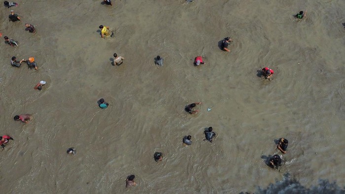 Foto udara sejumlah warga menangkap ikan saat tradisi ngubek empang di Bojongsari, Depok, Jawa Barat, Senin (15/5/2023). Ngubek empang merupakan tradisi warga Betawi Depok yang dilakukan orang tua zaman dulu sebelum Lebaran yang saat ini masih dilestarikan oleh warga setempat. ANTARA FOTO/Asprilla Dwi Adha/tom.