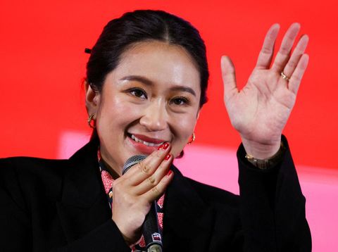 Pheu Thai's prime ministerial candidate, Paetongtarn Shinawatra, daughter of former Prime Minister Thaksin Shinawatra, speaks to the media, after the polling stations closed, on the day of the general elections in Bangkok, Thailand, May 14, 2023. REUTERS/Athit Perawongmetha      TPX IMAGES OF THE DAY