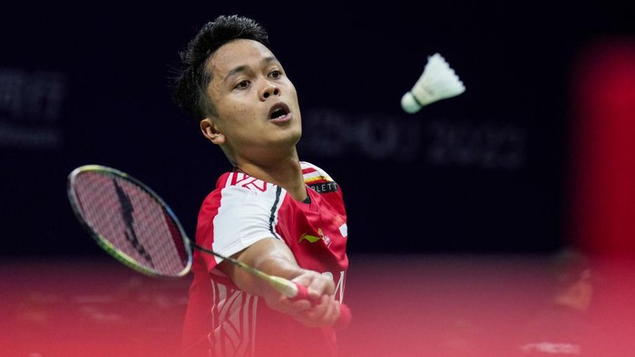 SUZHOU, CHINA - MAY 15: Anthony Sinisuka Ginting of Indonesia competes in the Mens Singles Round Robin match against Brian Yang of Canada during day two of the Sudirman Cup at Suzhou Olympic Sports Center Gymnasium on May 15, 2023 in Suzhou, China. (Photo by Shi Tang/Getty Images)