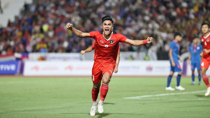 Perayaan gol pemain Timnas Indonesia U-22, Muhammad Ramadhan Sananta, melawan Thailand di final SEA Games 2023.