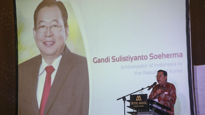 Gandi Sulistiyanto Soeherman Duta Besar Indonesia untuk Korea Selatan memberikan sambutan saat seminar kerja sama Indonesia dan Korea untuk Tes Skrining Bayi Baru Lahir (NST) di Jakarta, Selasa (16/5/2023).