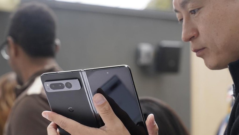 The Google Pixel Fold is demonstrated at a Google I/O event in Mountain View, Calif., Wednesday, May 10, 2023. (AP Photo/Jeff Chiu)