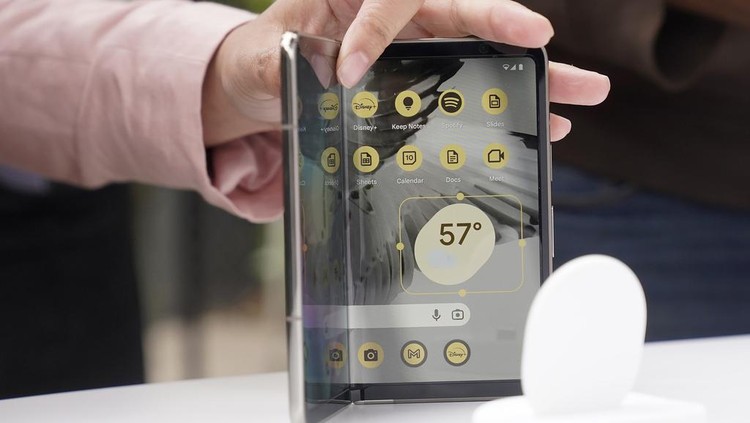 The Google Pixel Fold is demonstrated at a Google I/O event in Mountain View, Calif., Wednesday, May 10, 2023. (AP Photo/Jeff Chiu)