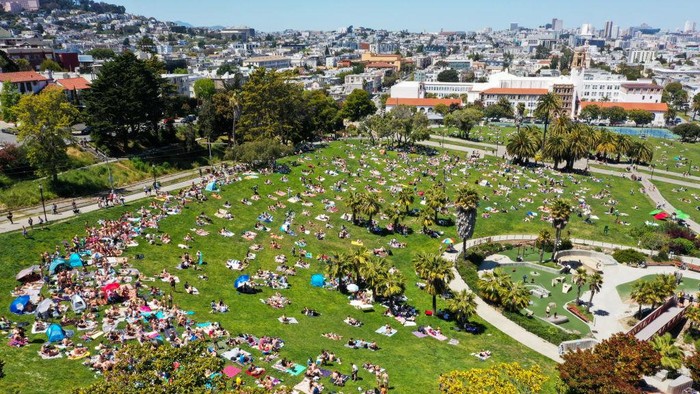 SAN FRANCISCO, CA - MAY 13: San Franciscans enjoy warm weather at Dolores Park in San Francisco, California, United States on May 13, 2023. (Photo by Tayfun Coskun/Anadolu Agency via Getty Images)