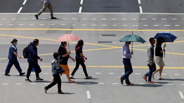 People shield themselves from the sun with umbrellas as they cross a street on a warm day in Singapore May 15, 2023. REUTERS/Edgar Su